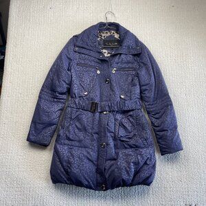 Y2K Sandra Venditti Belted Quilted Down City Jacket Leopard Print Purple Wom L